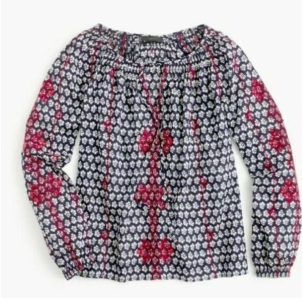 J Crew navy white floral smocked red embroidered peasant top NWOT Sz 4P